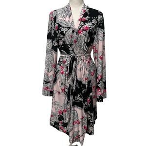 Linea Donatella Black Pink Paisley Floral Long Sleeve Tie Waist Robe L/XL Boho